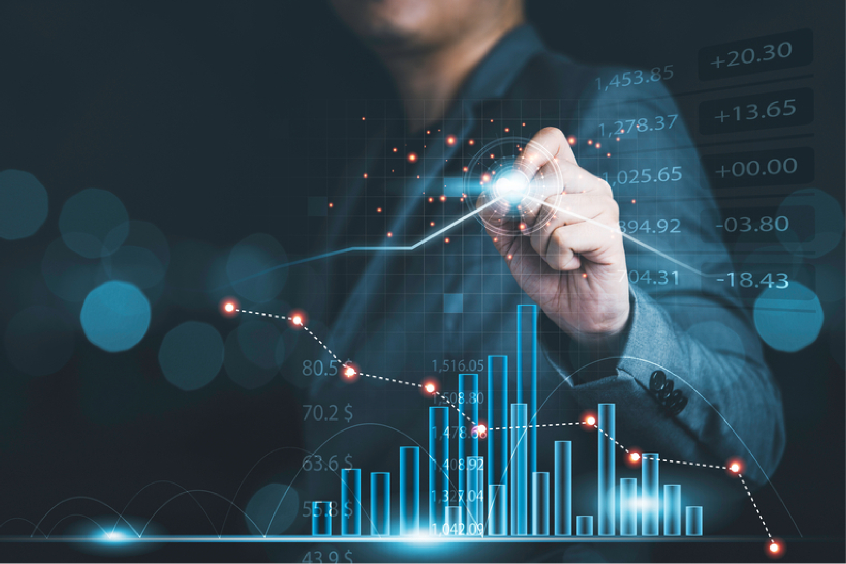 Businessman drawing virtual technical graph and chart for analysis stock market